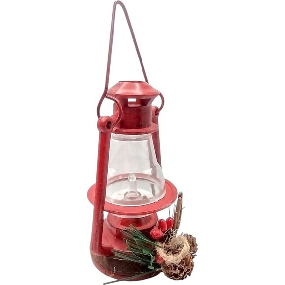 Vintage Red Metal Lantern Ornament With Pinecone & Berry Decoration Large 6" - Picture 6 of 9